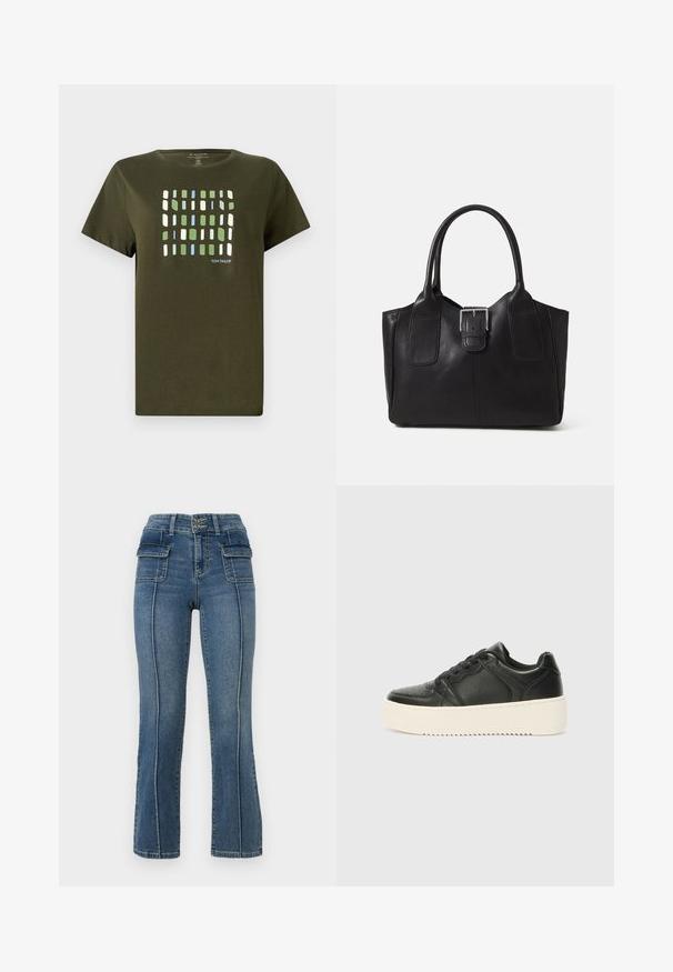 Tricou verde măsliniu din bumbac, cu un model de grilă alcătuit din dreptunghiuri albastre, verzi și albe. Mâneci scurte și textură moale.; ONLY Petite ONLWAUW MID WAIST FLARED - Blugi evazați - medium blue denim; Sneaker din piele neagră cu o textură netedă, talpă groasă de culoare crem, vârf rotund și design clasic cu șireturi. Detalii de cusătură subtile.; Geantă tote din piele neagră cu textură netedă, formă structurată, două mânere și un detaliu proeminent din aliaj de argint pe partea din față.