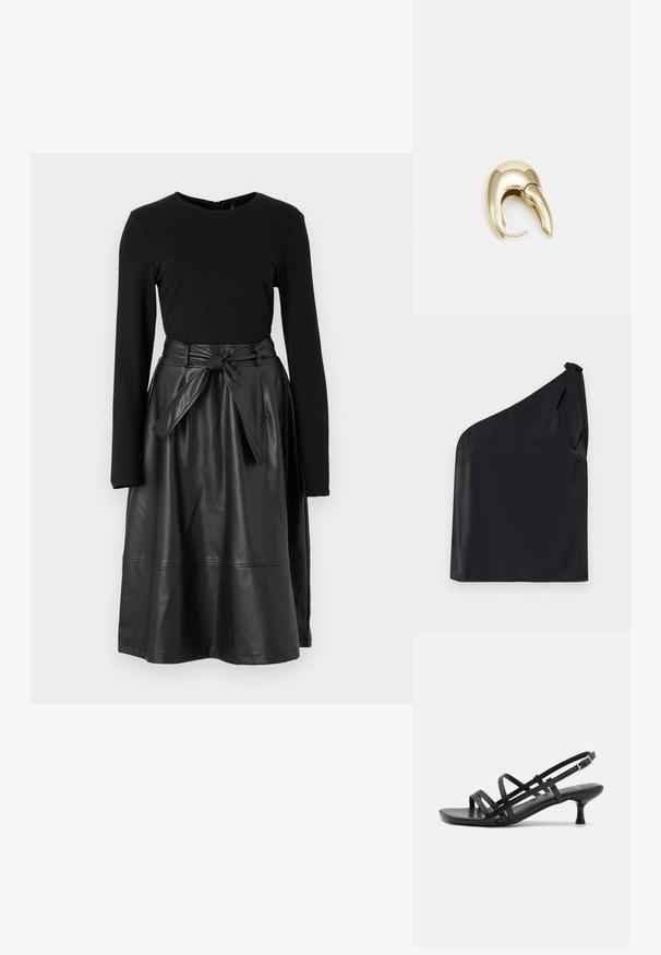 Juodas viensluoksnis viršus, pagamintas iš lygios medžiagos, su raištelio detale ant peties ir laisvu siluetu. Minimalistinis dizainas, su švariomis linijomis.; Juodas ilgas rankovės marškinėlis, derinamas su juoda dirbtinės odos sijonu, turinčiu surišamą juosmenį ir lygią, blizgią tekstūrą.; Juodos aukštakulnės šlepetės su keliais perrištomis juostelėmis. Lygi medžiaga, smailas nosis ir siauras kulnas. Reguliuojama kulkšnies juostelė su sagtimi.; Aukso tono metalinės auskarai su stilingu, kreiviu dizainu. Išsiskiria ryškiu smailiu pavidalu, poliruota paviršiumi ir užsegimu su vyriu.