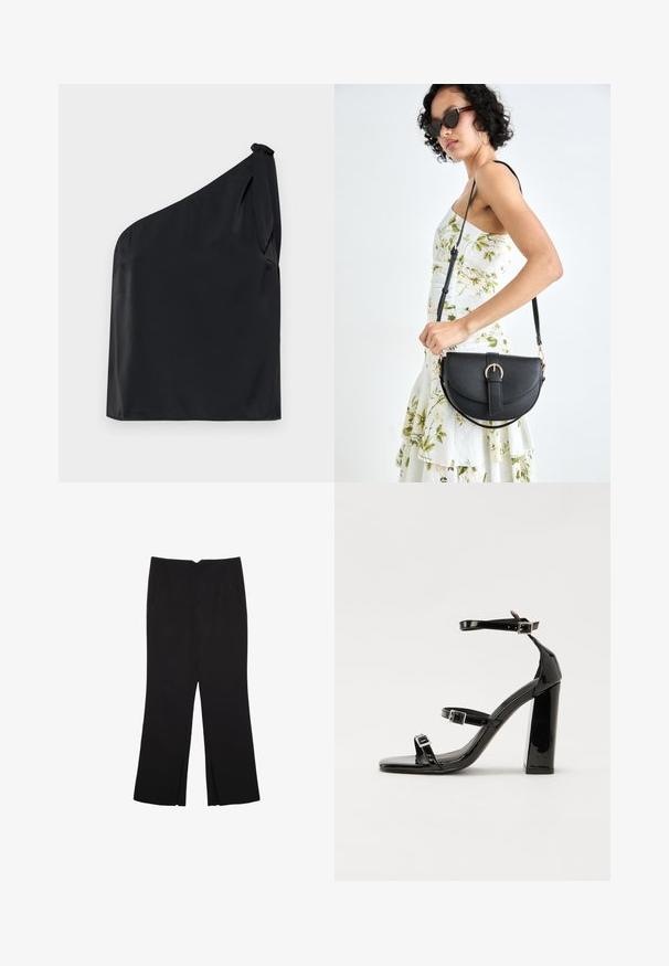 Černý top na jedno rameno vyrobený z hladkého materiálu, s detailem zavazování na rameni a volným střihem. Minimalistický design s čistými liniemi.; Černé kalhoty s rovným střihem, s předními kapsami a bočními rozparky na lemu. Vyrobené z jemné, hladké tkaniny. Vhodné na různé příležitosti.; Černé lakované sandály na podpatku se čtveratou špičkou, lýtkovými pásky a stříbrnými přezkami. Disponují masivním blokovým podpatkem pro stabilitu.; Černá kožená kabelka s křivkovým tvarem, odnímatelným popruhem a zlatými detaily. Kabelka má klopu s přezkou.