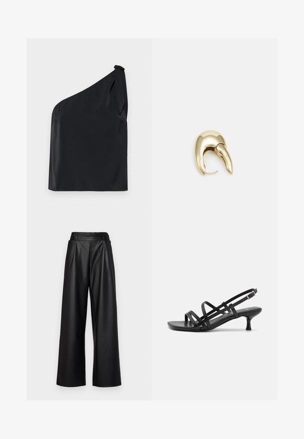 Schwarzes Top mit einem Schulterträger aus glattem Stoff, mit einem Bindedetail an der Schulter und einem lässigen Fit. Minimalistisches Design mit klaren Linien.; Schwarze, weit geschnittene Hosen aus Leder mit hoher Taille, Falten und zwei runden Knöpfen an der Vorderseite zum Verschließen.; Schwarze High Heels Sandalen mit mehreren überkreuzten Riemen. Glattes Material, spitze Zehenpartie und schmaler Absatz. Verstellbarer Knöchelriemen mit Schnalle.; Ohrringe aus goldfarbenem Metall mit einem schlanken, geschwungenen Design. Sie verfügen über eine markante, spitze Form, eine polierte Oberfläche und einen Scharnierverschluss.
