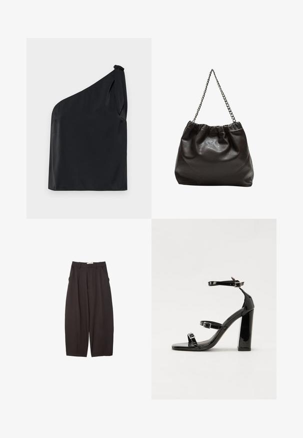 Schwarzes Top mit einem Schulterträger aus glattem Stoff, mit einem Bindedetail an der Schulter und einem lässigen Fit. Minimalistisches Design mit klaren Linien.; Schwarze weit geschnittene Hosen aus einem glatten Stoff, mit hoher Taille, Frontfalten und Seitentaschen. Schlichtes Design ohne Verzierungen.; Schwarze patentierte Sandalen mit Absatz, quadratischer Spitze, Knöchelriemen und silbernen Schnallen. Mit einem stabilen Blockabsatz für mehr Stabilität.; Braune Lederhandtasche mit gerafftem Oberteil und Kettenriemen. Glatte Textur mit glänzendem Finish und subtilen Nahtdetails an den Seiten.