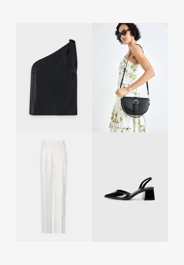 Top negru cu un umăr, realizat dintr-un material neted, având un detaliu legat la umăr și un croi lejer. Design minimalist cu linii curate.; Pantaloni albi cu dungi înguste, cu un design cu picior drept, confecționați dintr-un material ușor. Prezintă pliseuri în față și un talie tradițională.; Pantofi cu toc slingback din piele lacuită neagră, cu vârf ascuțit și toc geometric. Prezintă un design elegant, minimalist și o textură netedă.; Geantă din piele neagră, cu o formă curbată, curea detașabilă și accesorii aurii. Geanta are un capac cu un detaliu tip cataramă.
