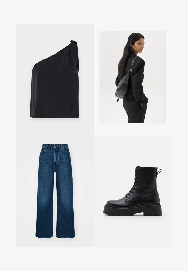 Must värvi ühte õlga kattev topp, mis on valmistatud siledast kangast ning millel on õlal sõlme detail ja lõdva lõikega disain. Minimalistlik stiil puhaste joontega.; Kõrge vöökohaga laiad teksad tummises sinises denimis, millel on sile tekstuur, kontrastne õmblus ja viie-tasku disain. Esimene nupulukk.; Mustad mustad nahast pahkluu saapad ümarate varvastega, nööridega esiosas ja paksu kummist talla ning tekstuuritud mustriga. Tagumine tõmbeaas.; Pikkade tumehaired naine mustas ülikonnas, kandes musta nahast õlakotti, vaatab üle õla valge tausta taustal.; Hõbedased rõngaskõrvarõngad keerutatud disainiga, millel on poleeritud viimistlus ja posti-tagune sulgemine. Diameeter umbes 3 cm.