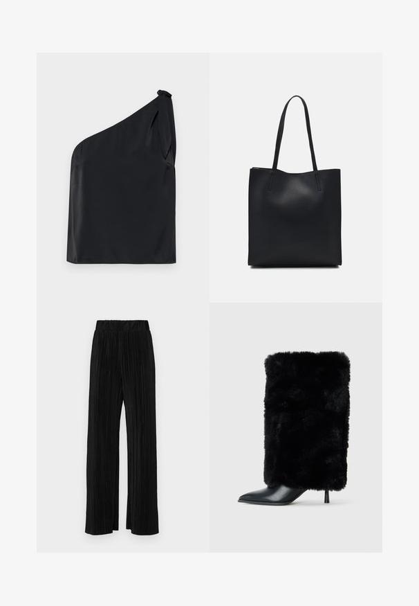 Top preto de um ombro feito de tecido suave, com um detalhe de laço no ombro e um corte descontraído. Design minimalista com linhas limpas.; Calças pregueadas pretas com uma cintura elástica. Apresentam pernas largas e um tecido liso, texturizado com riscas verticais.; Bota preta até ao tornozelo com bico fino e salto stiletto, apresentando um eixo de pelúcia preta em pele sintética. Acento de pele lisa na ponta.; Bolsa tote preta em couro com textura lisa, forma retangular e duas alças longas. Sem hardware ou enfeites visíveis.