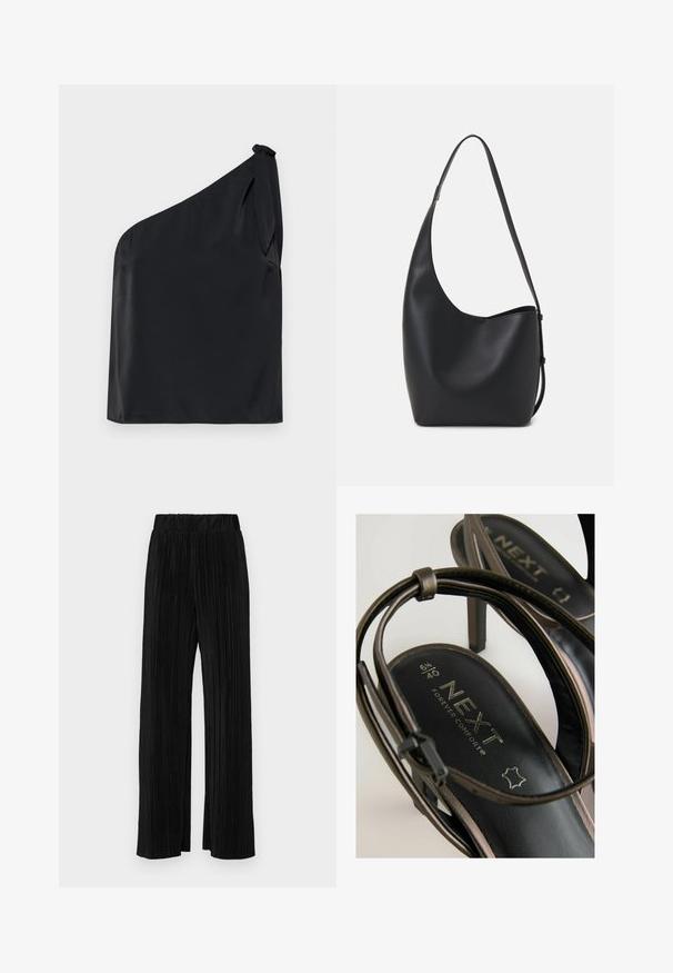 Fekete, egy vállra tervezett top sima anyagból, vállon megkötő részlettel és laza szabással. Minimalista dizájn letisztult vonalakkal.; Fekete pliszírozott nadrág gumis derekkal. Széles lábakkal rendelkezik, sima, texturált anyagból készült, függőleges csíkokkal.; Fekete magassarkú szandál, stílusos pántos kivitelben. A talpbetét olvashatóan tartalmazza a "KÖVETKEZŐ ÖRÖKKÉ KÉNYELEM" feliratot, valamint a 6½-es és 40-es méretet.; Fekete bőr hobo táska sima textúrával, ívelt formával és egyetlen állítható pánttal; széles nyílás található a tetején.