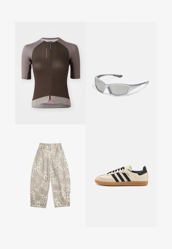 Maillot de cyclisme à manches courtes de couleur marron, avec des accents gris. Doté d'un tissu texturé, d'une fermeture éclair à l'avant et d'un détail en logo rose au centre.; Pantalons à imprimé léopard de couleur beige clair, avec une taille haute, des jambes larges et deux poches frontales. Conçus à partir d'un tissu lisse.; Baskets de sport beiges avec des rayures noires, semelle en caoutchouc gomme et accents noirs. Elles présentent un dessus en cuir lisse et un design de bout arrondi.; Lunettes de soleil grises avec une monture en plastique légère et élégante. Équipées de verres teintés gris et d'accents latéraux texturés pour une meilleure prise.