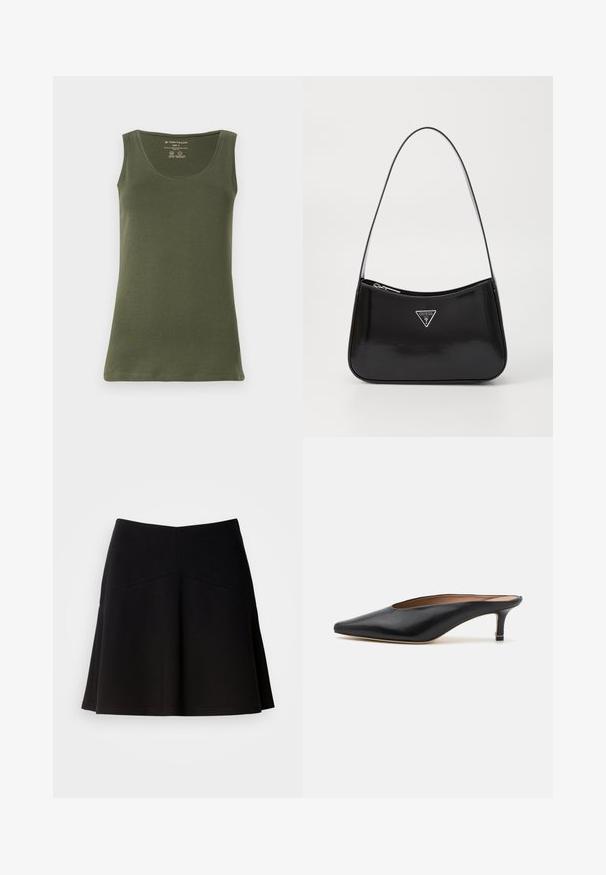 Olivgrünes, ärmelloses Tanktop aus weichem Baumwolljersey. Mit einem runden Halsausschnitt und einem geraden Saum, in einem lässigen Design.; Schwarzer, ausgestellter Rock aus weichem Stoff, mit einem taillierten Bund und Nahtdetails. Glatte Textur mit einem schlichten, klassischen Design.; Schwarze Leder-Mules mit spitzem Zehenbereich und niedrigem Blockabsatz. Glatte Textur mit elegantem Design. Offene Rückseite mit minimaler Gestaltung.; Schwarze patentierte Leder-Schultertasche mit geschwungener Form, ausgestattet mit einem silbernen Dreieckslogo und einem Reißverschluss. Glatte Textur und schmaler Riemen.