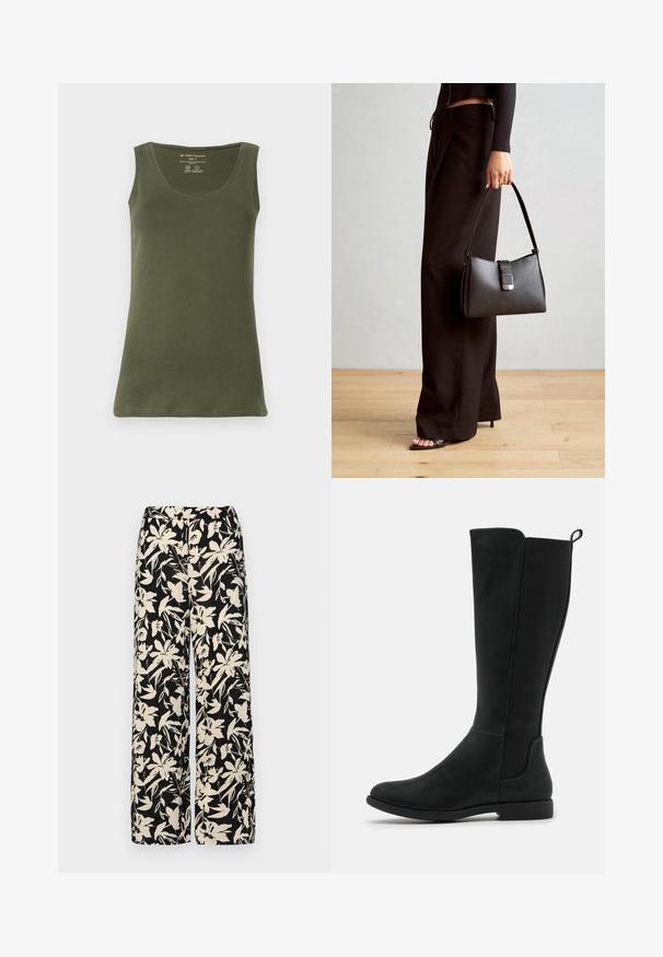 Oliwkowa, bezrękawnikowa koszulka wykonana z miękkiego jerseyu bawełnianego. Posiada okrągły dekolt i prosty dół, z luźnym krojem.; Czarne spodnie wide-leg z kremowym kwiatowym wzorem. Wykonane z lekkiego materiału, o gładkiej teksturze i wysokim staniku.; Czarny, wysokości do kolan, sztuczny skórzany botki z gładką powierzchnią, elastycznymi bocznymi panelami oraz niską, płaską podeszwą dla komfortu.; Czarna torebka o usztywnionym kształcie, gładkiej fakturze i metalowym zapięciem. Połączona z szerokimi czarnymi spodniami i sandałami na otwartym palcu na drewnianej podłodze.