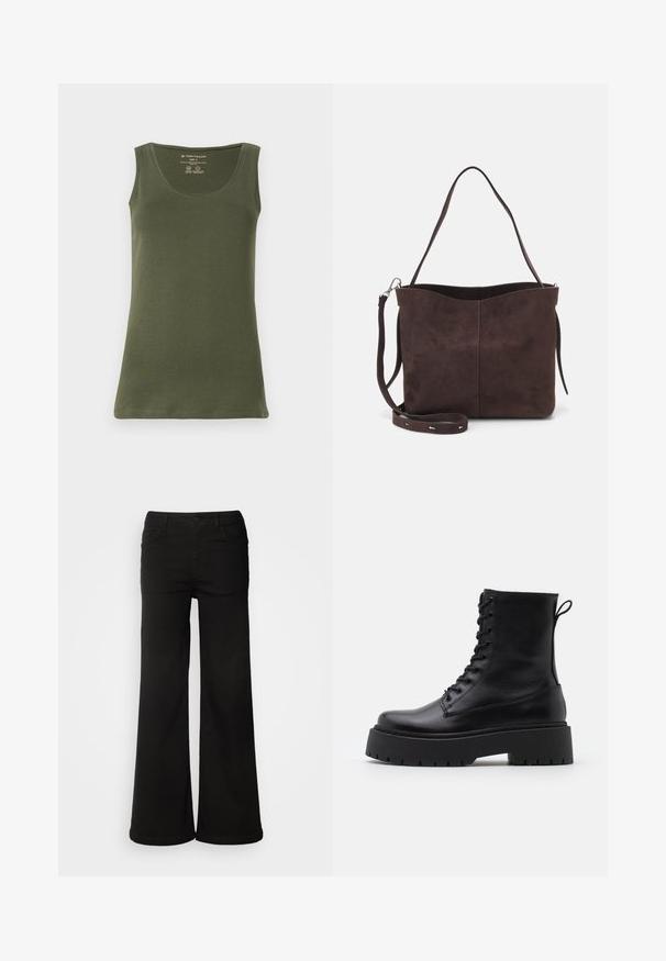 Olive zaļš, bez piedurknēm, topiņš izgatavots no mīkstas kokvilnas džersija. Iezīmē apaļu kakla izgriezumu un taisnu apakšu ar ikdienišķu dizainu.; Melni plašie svārki izgatavoti no denima auduma, ar priekšējiem kabatām, pogu aizdari un gludu tekstūru ar tīru apdari.; Melni ādas potītēm zābaki ar apļveida purngalu, auklām priekšpusē un biezu gumijas zoli ar teksturētu protektoru. Velkšanas cilpa aizmugurē.; Brūns zamšādas roku soma ar mīkstu tekstūru, aprīkota ar vienu plecu siksnu un nelielu izliekta augšējā atvēruma dizainu. Nav redzamu metāla detaļu.