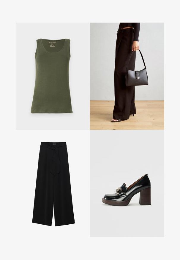 Canottiera senza maniche verde oliva realizzata in morbido jersey di cotone. Presenta un colletto tondo e un orlo dritto, con un design informale.; Pantaloni neri a gamba larga caratterizzati da un tessuto testurizzato, una vita elastica e una cintura staccabile per una vestibilità regolabile.; Mocassino in pelle nera con tacco alto, punta rotonda, elementi decorativi in argento, tacco a blocco in legno e finitura liscia e lucida.; Borsa nera con forma strutturata, texture liscia e una chiusura metallica. Abbinata a pantaloni neri larghi e sandali open-toe su un pavimento in legno.