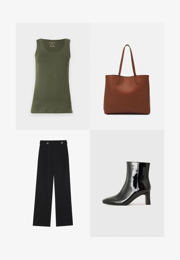 Olive green, sleeveless tank top made of soft cotton jersey. Features a round neckline and a straight hem, with a casual design.; Black wide-leg trousers with high waist, button details on waistband, and front pleats.; Black patent leather ankle boot with a pointed toe and a mid-height block heel. Smooth texture and minimalist design.; Brown leather tote bag with a smooth texture, open top design, and two shoulder straps. Features minimal stitching and no visible hardware.