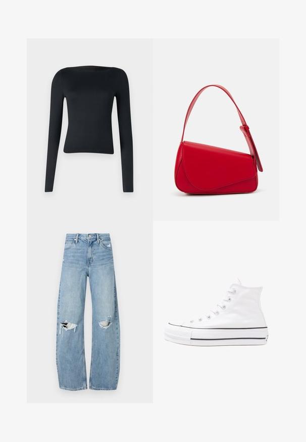Svart långärmad topp i stretchigt material; har en bred båtringning och en figurnära design som smalnar av vid midjan.; Ljusblå, högmidjade jeans i denim. Har vida ben, två slitna knäområden och klassisk femfickedesign.; Vit hög topp canvas sneaker med svart gummisulan, framsidan gummitåhätta och sex öglor för snören, med en ren, minimalistisk design.; Röd läderhandväska med en vinkelrät, geometrisk design. Har ett justerbart axelband och en klaffstängning med sydda detaljer.