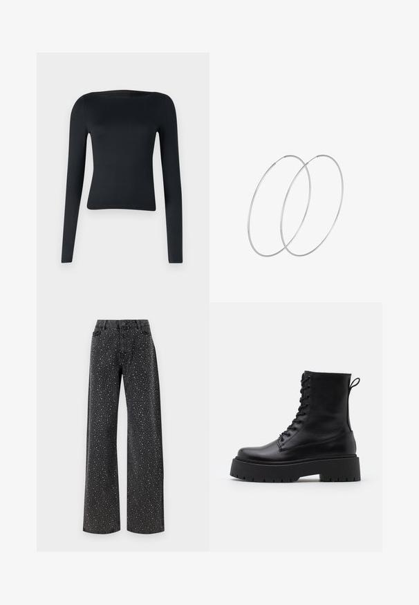 Black, long-sleeve top made of stretchy fabric; features a wide, boat neckline and a fitted design that tapers at the waist.; Noisy May NMJANNEL LOOSE - Relaxed fit jeans - black denim; Black leather ankle boots with a round toe, lace-up front, and a thick rubber sole featuring a textured tread. Pull tab at the back.; Silver hoop earrings with a minimalist design. Circular shape, smooth texture, and thin profile. Lightweight with a polished finish.