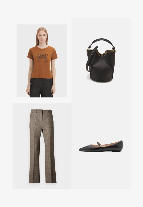 Hnedé tričko s krátkym rukávom a okrúhlym výstrihom s grafickým potlačou leopardieho motívu a slovom "nice" v čiernej farbe. Mäkký bavlnený materiál.; Hnedé kárované nohavice so strihom rovného nohu, s textúrovanou tkaninou a jemnými farbami béžovej a tmavších hnedých odtieňov v celom vzore.; Čierne kožené baletky s špicatou špičkou a bočným remienkom s kruhovým zlatým akcentom. Ľahké s plochou podrážkou.; Čierna kožená vedro taška s textúrovaným povrchom, zlatými kovovými detailami a otvoreným vrcholom. Obsahuje krátku rukoväť a nastaviteľný ramenný popruh.