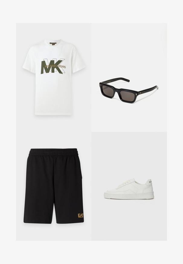Hvid T-shirt med korte ærmer, der har overlappende grønne og omridset MK-bogstaver samt "MICHAEL KORS" tekst over brystet.; Sorte atletiske shorts lavet af blødt stof, med en elastisk talje og et lille gult EA7-logo nederst på venstre ben.; Hvide lædersneakers med en glat overflade, rund tå, flade snørebånd og en tekstureret sål. Har et diskret logo på hælen.; Sorte rektangulære solbriller med mørke glas, tyk plastisk ramme, guldtryk på stængerne og brandlogo indgraveret på armen.