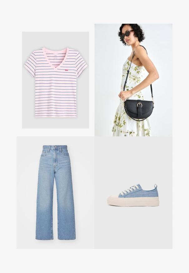 Striped V-neck t-shirt in pink with blue horizontal stripes. Made from soft fabric, featuring short sleeves and a small Levi's logo on the chest.; Light blue high-waist wide-leg jeans with front button and zip closure, front and back pockets, on a white background.; Light blue canvas sneakers with a cream rubber toe cap and outsole, featuring white laces and a pull tab on the heel.; Black leather handbag with a curved shape, detachable strap, and gold hardware. The bag features a flap with a buckle detail.
