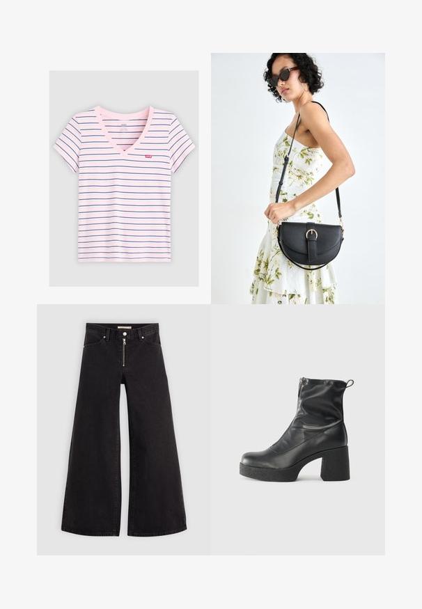 Stripet V-hals t-skjorte i rosa med blå horisontale striper. Laget av myk stoff, med korte ermer og en liten Levi's-logo på brystet.; Vide benbukser i sort denim med glidelås i front, fem-lomme design og subtile sømdetaljer. Glatt tekstur og avslappet stil.; Svarte ankelstøvler laget av glatt lær, med glidelås på siden, chunky strukturert hæl, og rund tå-design.; Svart lærveske med en buet form, avtagbar stropp og gullbeslag. Vesken har et klaff med spenne-detall.