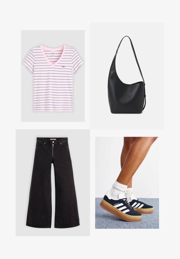 Roosa triibuline V-kaelusega t-särk siniste horisontaalsete triipudega. Valmistatud pehmest kangast, millel on lühikesed varrukad ja väike Levi'si logo rinna kohal.; Laiad teksad mustast denimist, millel on lukuga eesmine osa, viie taskuga disain ja peened õmblusdetailid. Sile tekstuur ja juhuslik stiil.; Mustad seemisnahast tossud valgete triipude ja detailidega, ümarate varbassosadega, kummist välistallaga, paaritatud valgete soonikuliste meessokkidega.; Mustast nahast hobo kott, millel on sile tekstuur, kumer kuju ja üks reguleeritav rihm; peal on lai avaus.