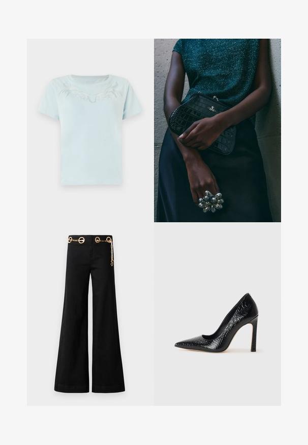 Jasnoniebieska bawełniana koszulka z krótkimi rękawami i okrągłym dekoltem, zdobiona skomplikowanym białym haftem na wysokości klatki piersiowej.; Czarne spodnie szerokie w nogawkach wykonane z bawełny, z pozłacanym okrągłym elementem dekoracyjnym i detalem w postaci łańcuszka na pasku. Gładka faktura, czysty krój.; Czarne szpilki z ostrym noskiem, pokryte teksturą skóry krokodyla, charakteryzujące się eleganckim wzornictwem, wysokim obcasem w stylu stiletto oraz gładkim czarnym wnętrzem.; Czarna kopertówka w wzór krokodyla z srebrnymi akcentami, trzymana na szarym, teksturowanym tle. Posiada błyszczącą powierzchnię.