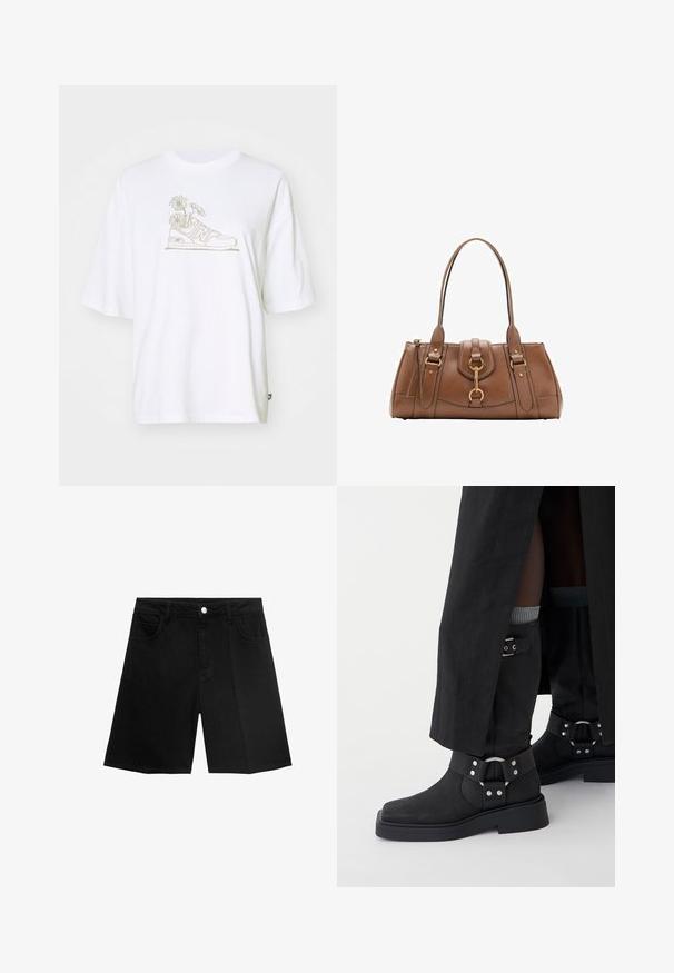 White cotton t-shirt featuring a line drawing of a sneaker with daisies, short sleeves, and a relaxed fit.; Black denim shorts featuring a straight cut, five pockets, and a silver button closure. Smooth texture with minimal stitching detail.; Black ankle boots made of leather with a matte finish, a square toe, and decorative buckles. The sole is chunky and textured.; Brown leather handbag with dual handles, gold hardware accents, and structured design. Features a central flap with a loop detail.