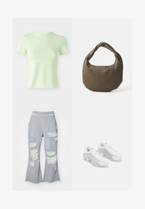 Világoszöld, testhezálló póló sima anyagból, kerek nyakkivágással és rövid ujjal, neonzöld Nike logóval a mellrészen.; Szürke melegítőnadrág, trapéz fazonnal, több elhasználódott folttal, amelyek világosabb szövetet tárnak fel. Rugalmas derekú, a kényelem érdekében.; Fehér futócipők szürke akcentussal, texturált felsőrésszel, szellőző perforációkkal és szegmentált sarokkal a párnázottság érdekében.; Szőtt olívazöld kézitáska, kerek formával és csavart fogantyúval. A felszíne texturált, ferde mintázattal rendelkezik. Cipzáras záródás.