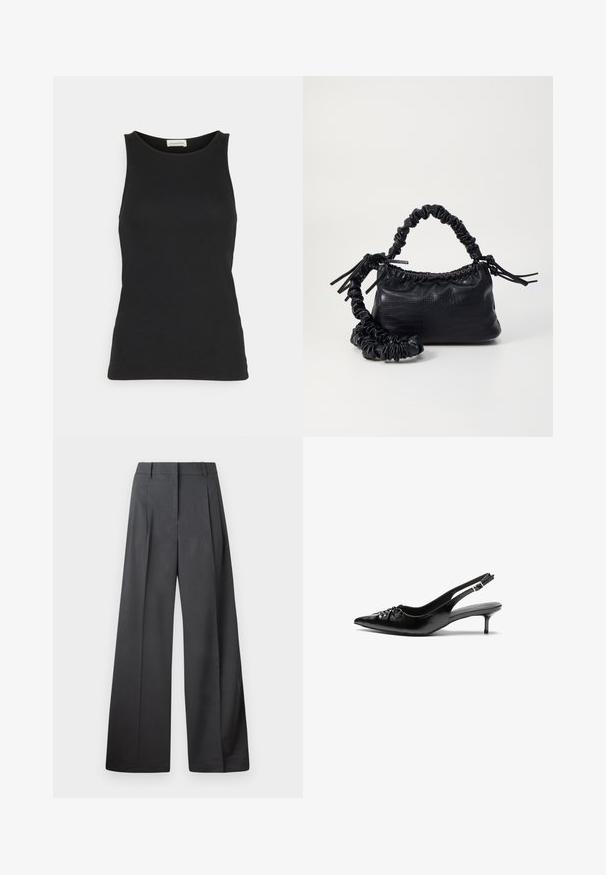 Top negru fără mâneci, realizat dintr-un material fin și ușor. Are un decolteu rotund și o siluetă ajustată, cu detalii de cusătură minime.; Pantaloni culți din țesătură gri închis, cu talie înaltă, pliuri simple și o textură netedă, cu o finisare curată la tivuri.; Cizme slingback din piele neagră, cu vârf ascuțit, toc mic de tip kitten heel și un detaliu decorativ sub formă de nod în față. Textură netedă pe întreaga suprafață.; Geantă din faux leather neagră cu textură de crocodil, cu partea superioară strânsă și o curea mototolită. Pare moale și compactă ca design.