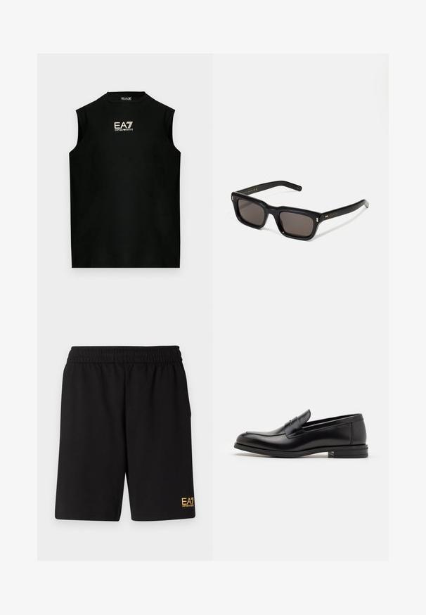 Cămașă neagră fără mâneci, realizată din bumbac, cu guler rotund și logo EA7 brodat în auriu pe față. Textură netedă.; Shorts atletici negri dintr-un material moale, având o talie elastică și un mic logo galben EA7 pe partea inferioară a piciorului stâng.; Mocasini din piele neagră cu o textură netedă, vârf rotund și o curea decorativă peste partea superioară. Toc mic, design minimalist.; Ochelari de soare negri, rectangul care au lentile întunecate, ramă din plastic gros, accente aurii pe brațe și logo-ul brandului gravat pe mâner.