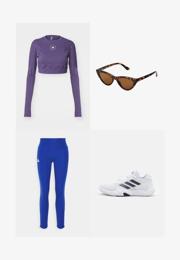 Ljubičasti skraćeni gornji dio s dugim rukavima, napravljen od glatkog, rastezljivog materijala. Ima okrugli izrez, otisnuti logo i otvore za palčeve na manžetama rukava.; Plave atletske tajice s visokim strukom, izrađene od rastezljivog materijala, s bijelim logotipom na lijevom boku i suptilnim rubovima.; Bijela atletska cipela s mrežastim gornjim dijelom, tri crne pruge sa strane, strukturirani detalji i čvrst gumeni potplat s kontrastnim crnim dijelom.; Sunglasses u obliku mačjih očiju s okvirom u crno-narančastom kornjačevom uzorku, smešnim lećama i elegatnim, šiljastim vrhovima. Sadrži minimalni logo na dršci.