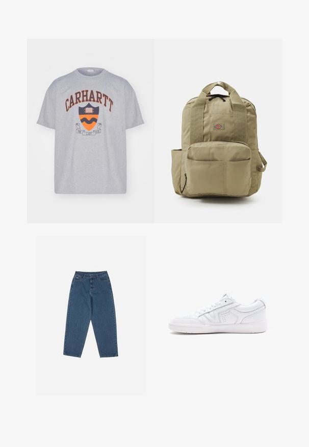 Carhartt WIP LAZY DUCK ACADEMY - Potiskana majica - grey heather stone washed; Modre traperke z ohlapnim krojem, visokim pasom, petimi žepi in poudarjenim šivanjem. Imajo gumb in zadrgo za zapiranje.; Bele usnjene superge z nizkim dizajnom, okroglo konico, perforiranimi detajli in teksturiranim podplatom. Vključene so vezalke in subtilni šivi.; Khaki nahrbtnik z oblazinjenimi naramnicami, sprednjim žepom in okroglo oznako. Narejen iz trpežne tkanine, z zgornjim ročajem in stranskim žepom.