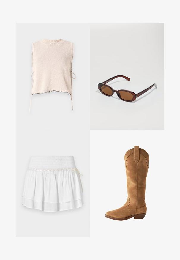 Gebreid mouwloos topje in lichtbeige met een ronde hals en zijbinders. Heeft contrasterende zwarte stiksels langs de zoom. Zachte textuur.; Witte, gelaagde rok met een elastische tailleband, voorzien van een gestructureerde smockdetail en een decoratieve lintaccent. Katoenen stof.; Bruine suede kniehoge laars met een puntige neus, gebogen bovenrand en kleine hak. Beschikt over decoratieve stitching langs de zijkanten.; Ronde, bruin getinte zonnebril met een glanzend bordeauxrood frame. Slanke pootjes met subtiele merkdetails. Vlakke lensontwerp.; Geweven rieten tas met bruin lederen accenten, twee handvatten en een afneembare schouderband. Gebogen vorm met een stevige basis.
