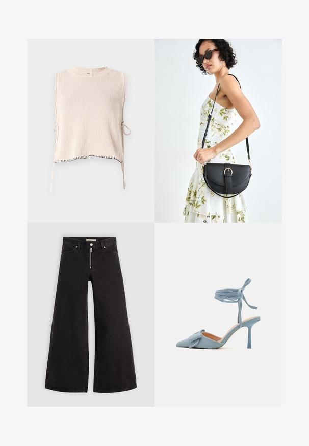 Adīta bez piedurknēm topiņa gaisīgi bēšā tonī ar apaļu kakla izgriezumu un sānu saitēm. Plāns melns dūriens gar apakšmalu. Mīksta tekstūra.; Platas kājas džinsi melnā džinsa audumā ar rāvējslēdzēju priekšā, piecu kabatu dizains un smalkas šuvju detaļas. Gluda tekstūra un ikdienišķs stils.; Zilnīšu augstpapēžu kurpes ar norādītu purngalu, izgatavotas no gaiši zilas auduma ar teksturētu apdari, ar loku akcentu un potītes siksniņu drošai piestiprināšanai.; Melnas ādas rokassoma ar izliekta formu, noņemamu siksnu un zelta aksesuāriem. Somai ir vāciņš ar sprādzes detaļu.