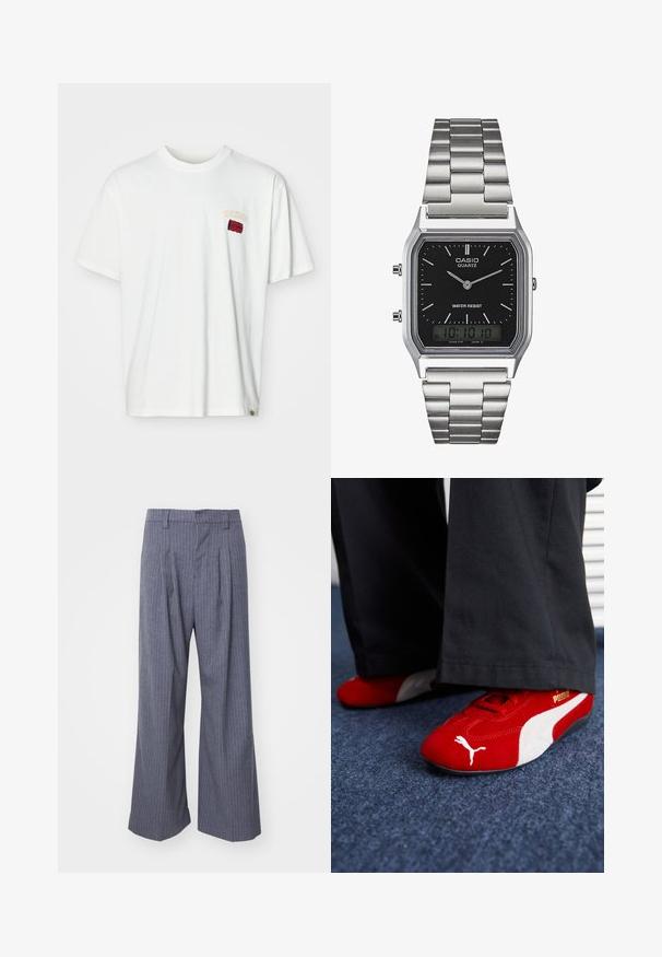 Bílý bavlněný tričko s krátkým rukávem, s malým vyšitým logem v červené a žluté barvě blízko levého prsu. Kolo výstřih a volný střih.; Šedé pruhované kalhoty s širokým střihem, zdobené sklady na přední straně a hladkou texturou. Žádné viditelné doplňky nebo akcenty.; Červené semišové tenisky s bílými detaily, mají texturovaný materiál, kulatou špičku a zlaté logo na boku, nošené s černými kalhotami.; Stříbrné nerezové ocelové hodinky s quartzovým strojem a černým obdélníkovým ciferníkem, které mají analogové ručičky, digitální displej a označení voděodolnosti.; Pět stříbrných prstenů: jeden s černým kulatým detailem, jeden s bílým a černým geometrickým vzorem, a další s různými tvary a povrchy.