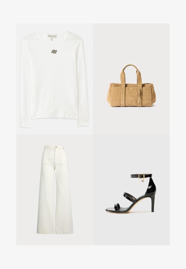 Cămașă albă cu mânecă lungă și textură cu nervuri, fabricată dintr-un material moale, având un guler rotund și un mic logo brodat închis la culoare pe piept.; Cămașă din piele neagră cu închidere cu nasturi în față, guler ascuțit și două buzunare pe piept. Prezintă o croială lejeră și o textură netedă.; Jeans cu picioare late din denim alb-crem. Design cu talie înaltă, cu închidere prin nasture, două buzunare frontale și detalii cu cusături contrastante.; Sandale negre din piele lacuită, cu trei curele, cataramă la glezna și toc stiletto de 10 cm. Prezintă detalii din metal auriu și un charm cu logo.; Geantă tote din suede bej, cu două mânere superioare, având un buzunar frontal, detalii din aur și un finisaj moale, texturat.