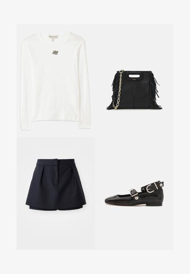 Långärmad vit ribbad tröja i mjukt tyg, med rund halsringning och en liten mörk broderad logotyp på bröstet.; Marinblå plisserade shorts med hög midja, tillverkade av mjukt tyg. Har en figurnära design och en dold framficka.; Svart lacklädersplattork med fyrkantig tå, ankelrem med silverfärgad detalj och platt sula. Slät yta med minimalistisk design.; Svart läderhandväska med fransdetaljer, guldkedja som axelrem och ett handtag med urtag. Har logotyp placering framtill.