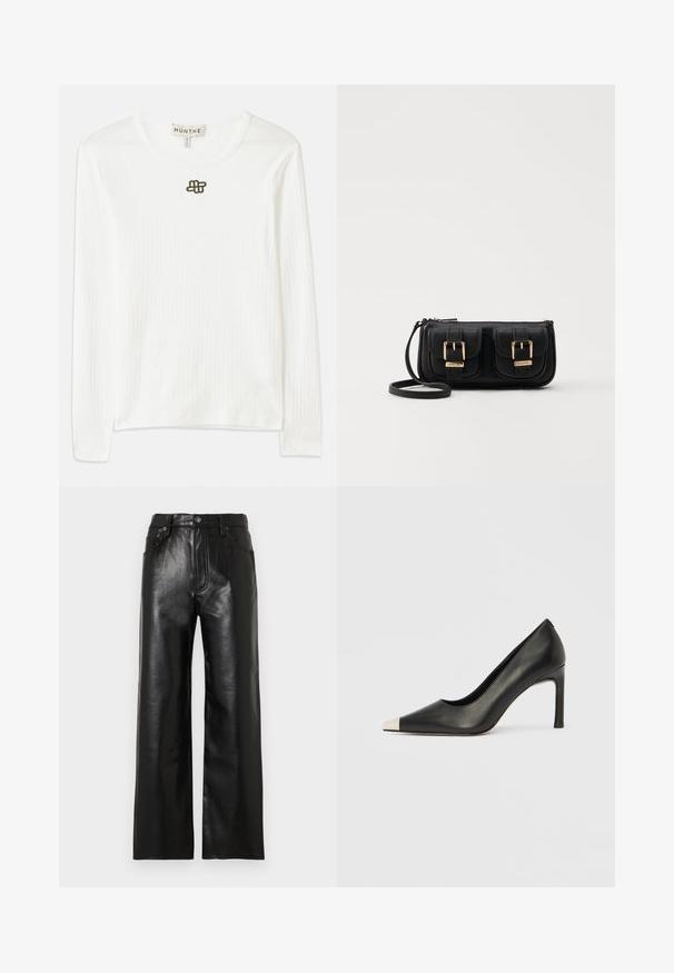 Cămașă albă cu mânecă lungă și textură cu nervuri, fabricată dintr-un material moale, având un guler rotund și un mic logo brodat închis la culoare pe piept.; Pantaloni negri din piele cu croială largă, cu finisaj lucios, prevăzuți cu buzunare frontale, fermoar și închidere cu nasture. Textură netedă pe toată suprafața.; Pantof cu toc înalt din piele neagră, cu vârf ascuțit și un capac metalic argintiu. Are un finisaj neted și un toc subțire de 10 cm.; Geantă neagră din piele, tip crossbody, cu două buzunare frontale, catarame aurii, închidere cu fermoar și o curea subțire. Suprafață texturată și formă rectangulară compactă.