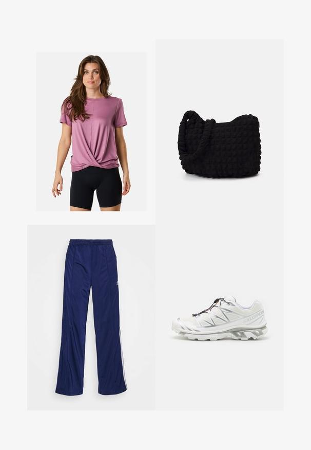 T-shirt rosa a maniche corte con design torcigliato sul davanti, in tessuto morbido, collo a giro, abbinato a pantaloni ciclistici neri.; Pantaloni sportivi navy con vita elasticizzata, gambe diritte e cerniere laterali. Presentano piping bianco lungo i lati. Tessuto dalla consistenza liscia.; Scarpa sportiva bianca con upper testurizzato, dettagli riflettenti e suola grigia. Presenta motivi triangolari accentuati e un sistema di lacci rapidi.; Borsa in tessuto nero con un motivo trapuntato e texture. Forma arrotondata, manici corti e spessi, e una struttura morbida e flessibile.