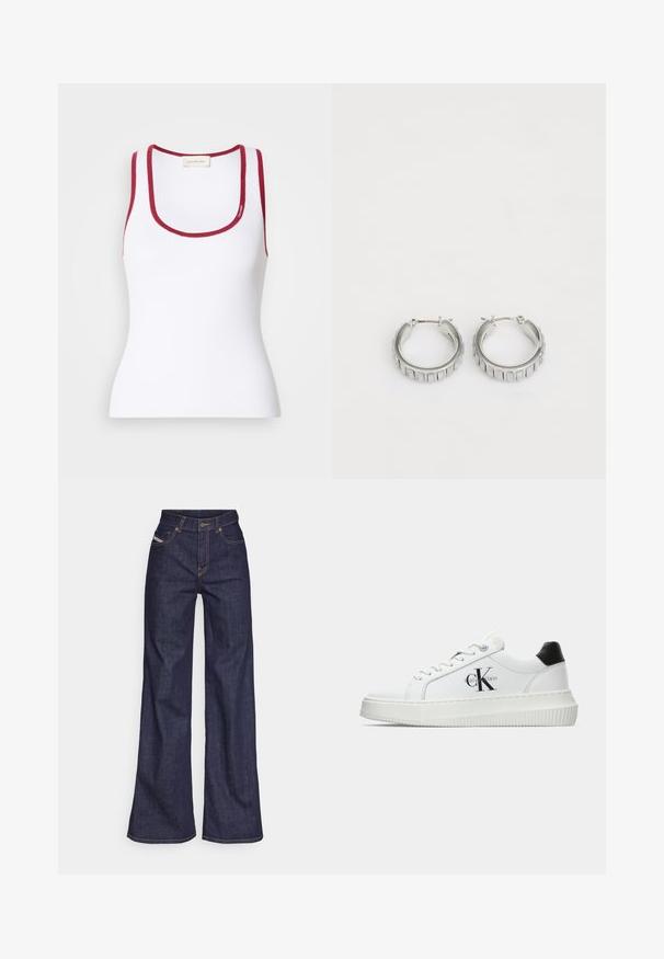 White fitted tank top made of ribbed material, featuring a round neckline with red accents along the edges. Calvin Klein logo detail included.; Dark blue wide-leg jeans in denim fabric with a high waist, featuring orange stitching, five-pocket design, and a button closure.; White low-top sneaker with black heel tab, platform sole, laces, and Calvin Klein "CK" logo on the side.; Silver hoop earrings with a textured design featuring vertical ridges. Circular shape with a secure latch closure. Smooth finish.