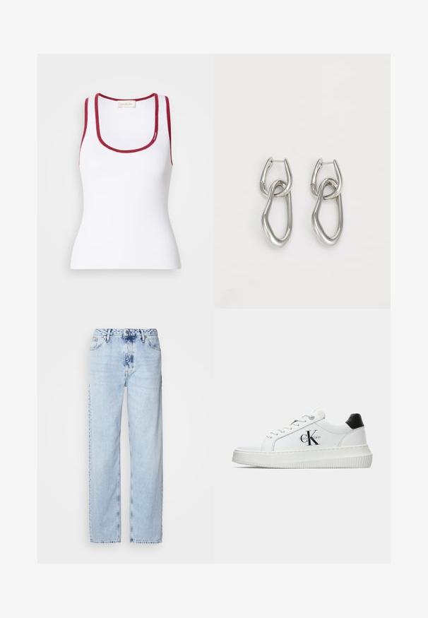 Fehér, testhezálló, bordás anyagú trikó, kerek nyakkivágással, piros díszítésekkel az éleken. Calvin Klein logóval ellátva.; Egy világos kék, bő szárú farmernadrág, magas derekú, elhalványult mosással és finom batikolt mintával az elején.; Fehér alacsony szárú edzőcipő fekete saroktabbal, platform talppal, fűzőkkel és Calvin Klein "CK" logóval az oldalán.; Calvin Klein STATEMENT LINKS - Fülbevalók - silver-coloured