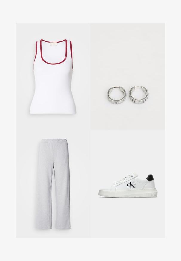 Balta prigludusi marškinėlių su žakardo audiniu, su apvaliu kaklu ir raudonomis detalėmis palei kraštus. Įtrauktas Calvin Klein logotipas.; Šviesiai pilki sportiniai džinsai su plačiais džinsais, elastingu juosmeniu ir subtiliomis siuvinėjimo detalėmis. Pagaminti iš minkštos, kvėpuojančios medžiagos.; Balti žemakulniai bateliai su juodu kulno dangteliu, platformos padu, raišteliais ir Calvin Klein "CK" logotipu šone.; Sidabrinės auskarų žiedai su tekstūruotu dizainu, turinčiu vertikalias briaunas. Apskritimo forma su saugiu užraktu. Lygi apdaila.