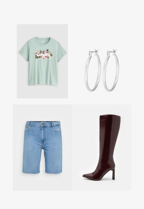 Svetle zelené tričko s krátkým rukávem vyrobené z bavlny. Má květinový vzor s růžovými květinami a motýly, a bílé logo "Levi's".; Světle modré džíny s klasickým střihem, s předním zapínáním na knoflík, poutky na opasek a dvěma bočními kapsami. Hladká textura a rovný lem.; Even&Odd Vysoká obuv - dark red; Stříbrné kruhové náušnice s hladkým, lesklým povrchem. Kulatý tvar a bezpečné zapínání na klip. Lehký design vhodný pro každodenní nošení.