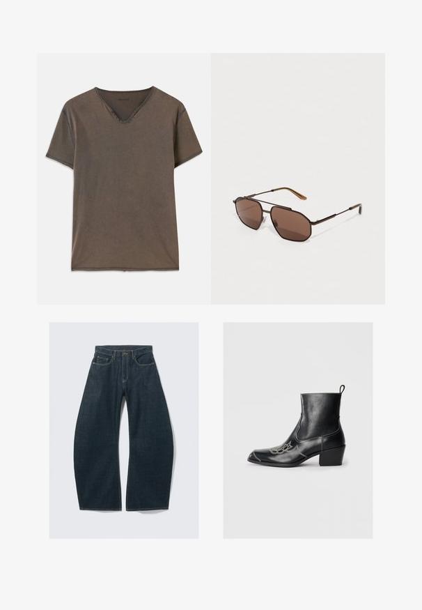 Brun kortærmet T-shirt med V-hals, fire dekorative knapper nær halsen og kontrastsyning langs kanterne.; Mørkeblå vidde jeans lavet af denim med fem lommer, synlige sømme, knaplukning og en ren finish.; Sorte læderankelstøvler med firkantet tå, dekorativ stikning og en lav blokhæl. Har en træksløjfe for nem påtagning.; Brune oktagonale solbriller med en tynd sort metalramme, akcentueret af brune stænger. Mørkt tonede linser giver UV-beskyttelse.