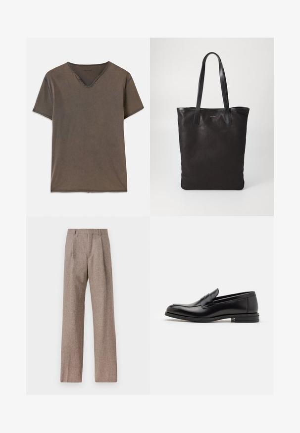 Brown short-sleeve T-shirt with a V-neck, four decorative buttons near the neck, and contrasting stitching along the edges.; Brown, high-waisted trousers made of textured fabric. Features wide legs and two front pleats for structure. Neat finish with no visible hardware.; Black leather loafers with a smooth texture, rounded toe, and a decorative strap across the vamp. Low stacked heel, minimalist design.; Black canvas tote bag with black leather handles. Simple design, spacious body, and a smooth texture. No visible logos or patterns.