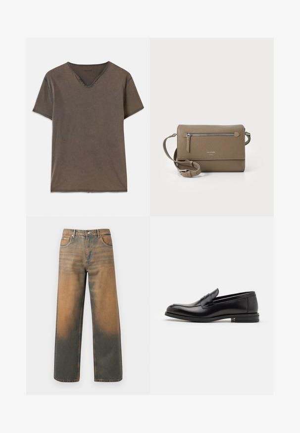 Brun kortærmet T-shirt med V-hals, fire dekorative knapper nær halsen og kontrastsyning langs kanterne.; Videbenede jeans i slidte blå og brune denim. Har høj talje, forlommer og en klassisk knaplukning med metaldetaljer.; Sorte læderloafers med en glat overflade, rund tå og en dekorativ strop over vampen. Lav hæl med stabeldesign, minimalistisk stil.; Taupe læder crossover taske med en lynlåslomme foran, justerbar skulderrem, pebble tekstur og præget logo på forsiden.