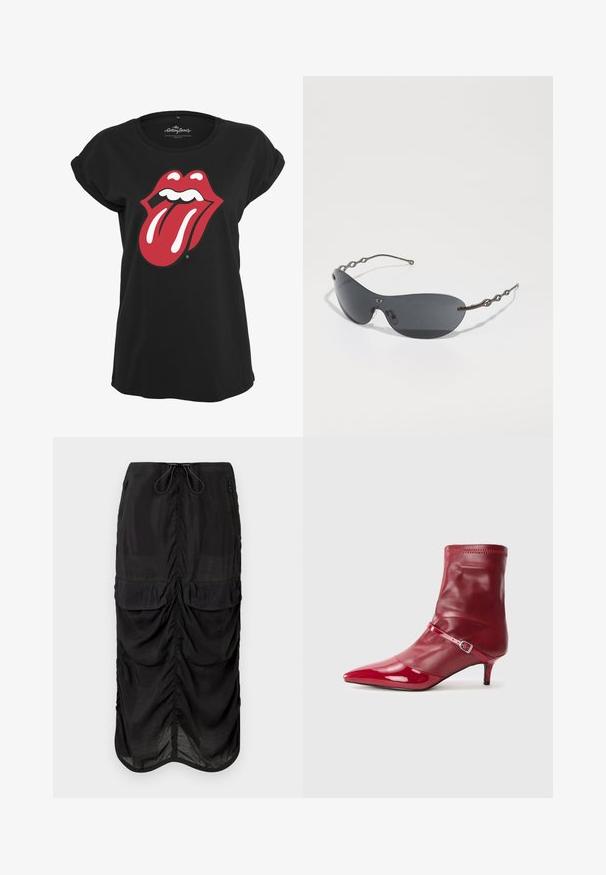 Zwarte t-shirt van katoen met een rood en wit Rolling Stones logo graphic van lippen en een tong op de voorkant. Rond de hals.; Zwarte midi-skirt van lichtgewicht stof. Kenmerkt zich door geplooide details, twee frontzakken en een tailleband met trekkoord voor aanpasbaarheid.; Rode synthetische enkelboot met een spitse neus, glanzende afwerking en een slanke hak. Voorzien van een band met een metalen gesp en een elastische boord.; Zonnebril met donkergrijze lenzen, slanke gebogen vorm en onderscheidende golvende metalen armen. Het oppervlak is glad met een subtiele matte afwerking.; Zwarte gepatineerde leren handtas met een driehoekige vorm, voorzien van een bovenrits en een verstelbare schouderriem. Logo "KARL LAGERFELD JEANS" in zilver.
