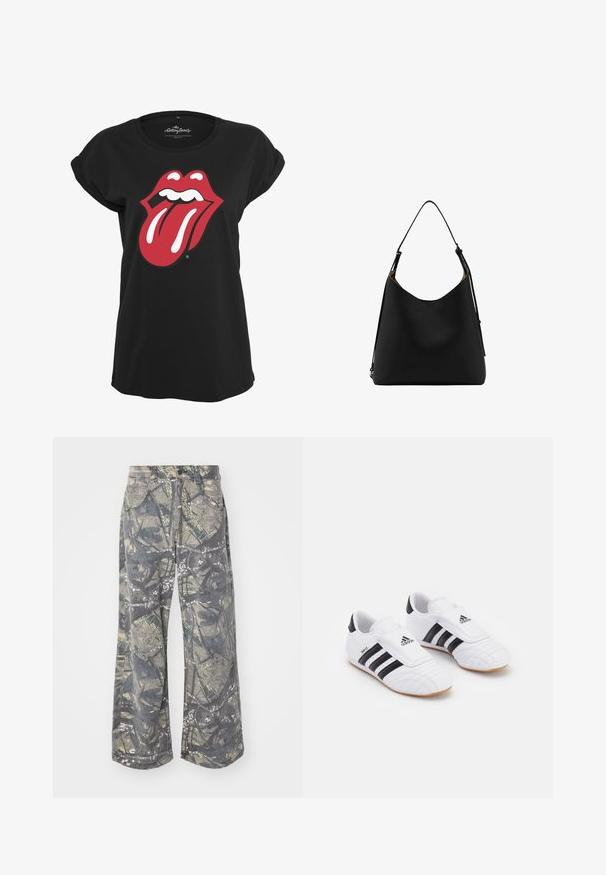 Tricou negru din bumbac, cu un grafic al logo-ului Rolling Stones, reprezentând buze și o limbă roșie și albă pe față. Decolteu rotund.; Pantaloni largi cu imprimeu camuflaj în nuanțe de gri și pământii, fabricați dintr-un material durabil, prezintă un închidere cu buton și un design clasic cu cinci buzunare.; Încălțăminte sport albă cu dungi negre, având o textură asemănătoare unui suede, vârful rotund și o curea de Velcro. Talpa din cauciuc oferă tracțiune.; Geantă de umăr din piele neagră cu o textură netedă, formă curbată și un singur curea ajustabilă. Prezintă un design minimalist și un capac deschis.