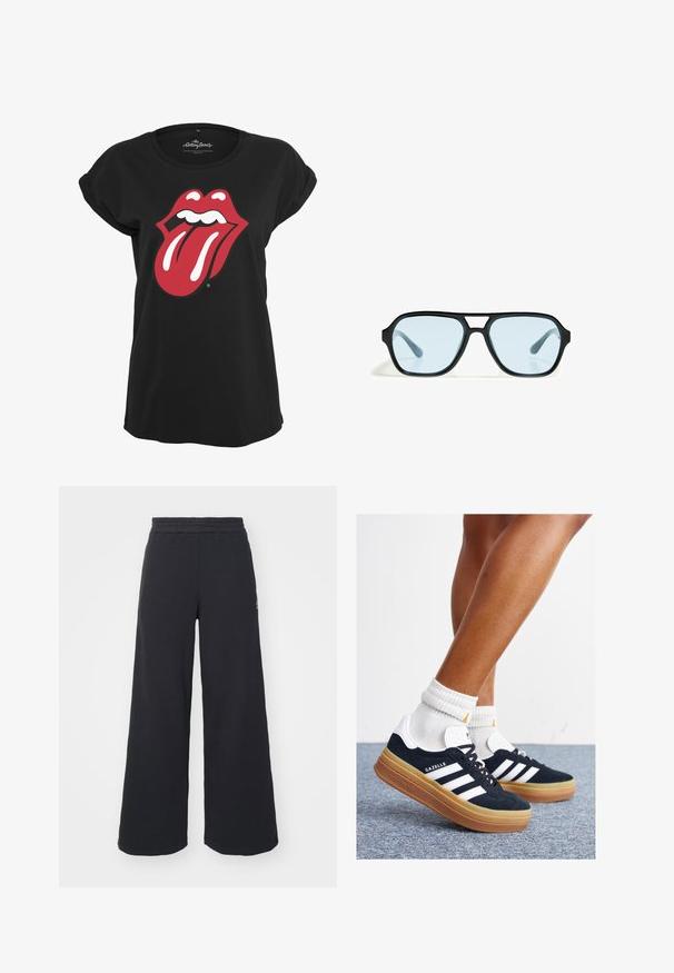 Zwarte t-shirt van katoen met een rood en wit Rolling Stones logo graphic van lippen en een tong op de voorkant. Rond de hals.; Zwarte wijde sweatpants gemaakt van zachte stof, met een elastische tailleband en een klein logo aan de linkerkant.; Zwarte suède sneakers met witte strepen en accenten, ronde neus, gum rubberen buitenzool, gecombineerd met witte geribbelde crewkousen.; Zwarte zonnebril met rechthoekige monturen, blauwgetinte lenzen en een onderscheidend brugontwerp. Strakke afwerking, ingetogen textuur.; Zwarte leren handtas met twee korte handvatten, zilverkleurige hardware, witte accenten en een wit logo. Heeft een gestructureerd oppervlak en een compact ontwerp.