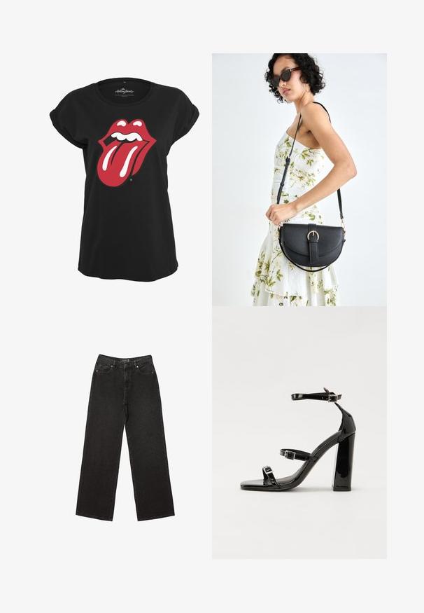 Černé tričko z bavlny s červeným a bílým grafikou loga Rolling Stones, znázorňujícími rty a jazyk na přední straně. Kulatý výstřih.; Černé široké džíny vyrobené z denimu, s malými tečkovanými vzory, klasickým pětikapsovým designem a zapínáním na knoflík a zip.; Černé lakované sandály na podpatku se čtveratou špičkou, lýtkovými pásky a stříbrnými přezkami. Disponují masivním blokovým podpatkem pro stabilitu.; Černá kožená kabelka s křivkovým tvarem, odnímatelným popruhem a zlatými detaily. Kabelka má klopu s přezkou.