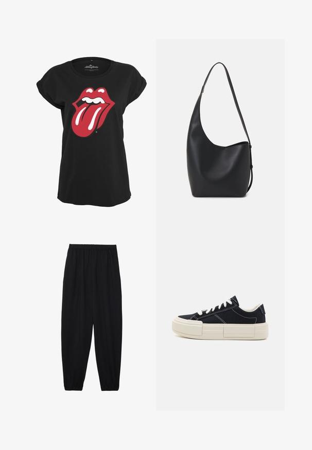 Tricou negru din bumbac, cu un grafic al logo-ului Rolling Stones, reprezentând buze și o limbă roșie și albă pe față. Decolteu rotund.; Pantaloni negri, ușori, cu un brâu elastic și tivuri strânse. Materialul este neted și are un design relaxat, conic.; Tenisi negri din pânză cu șireturi și cusături albe. Prezintă o talpă albă chunky, texturată, cu un design unic segmentat.; Geantă hobo din piele neagră, cu o textură netedă, formă curbată și un singur bretele ajustabil; are o deschidere largă în partea de sus.