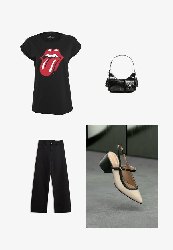 Čierne tričko z bavlny s grafickým logom Rolling Stones v červenej a bielej farbe, zobrazením pier a jazyka na prednej strane. Okrúhly výstrih.; Čierne denimové nohavice s širokými nohavicami a vysokým pásom, so prednými a zadnými vreckami, šitými švami a zapínaním na gombík. Hladká textúra.; Béžová lodička so špicatou špičkou, s čiernym lemom, zlatou prackou a robustným blokovým podpätkom na šedom podlahe s tmavozeleným pozadím.; Čierna laková kožená kabelka s ohnutým tvarom, jedným ramenným popruhom, prednými vreckami a striebornými kovovými doplnkami.