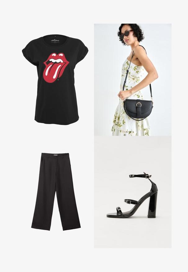 Čierne tričko z bavlny s grafickým logom Rolling Stones v červenej a bielej farbe, zobrazením pier a jazyka na prednej strane. Okrúhly výstrih.; Čierne široké nohavice vyrobené z hladkej tkaniny, so zipsom vpredu a dvoma bočnými vreckami, s prispôsobeným strihom a minimalistickým dizajnom.; Čierne lakované sandále na podpätku so štvorcovou špičkou, navlečenými remienkami okolo členku a striebornými prackami. Disponujú masívnym blokovým podpätkom pre stabilitu.; Čierna kožená kabelka s zaobleným tvarom, odnímateľným popruhom a zlatými doplnkami. Kabelka má klopu s detailom s prackou.